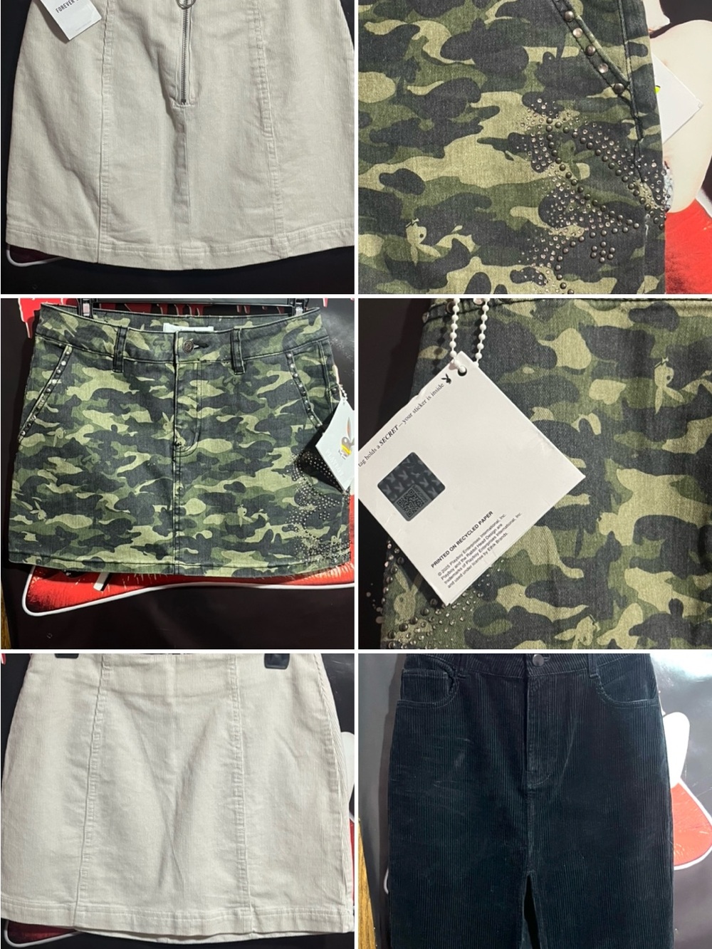 Camo Mini Skirt, white, and black corduroy skirts bundle